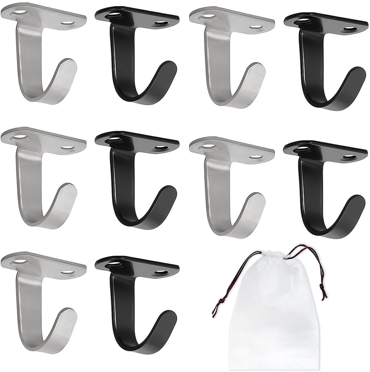 Dailygoods- Plafondhaak 10 Stuks - Zwart/Zilver - Roestvrij Staal - Voor Keuken/Badkamer - Inclusief Opbergzak - 3.5 x 3.5 cm - Haak