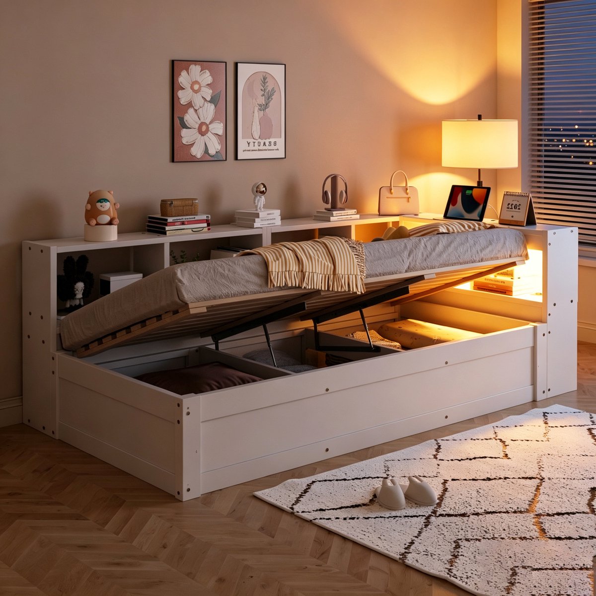 STILVORA Slaapbank 90x200 cm – Met Stopcontact En Ledverlichting – Hydraulische Opbergruimte – Zonder Matras – Voor Logeerkamer – Wit