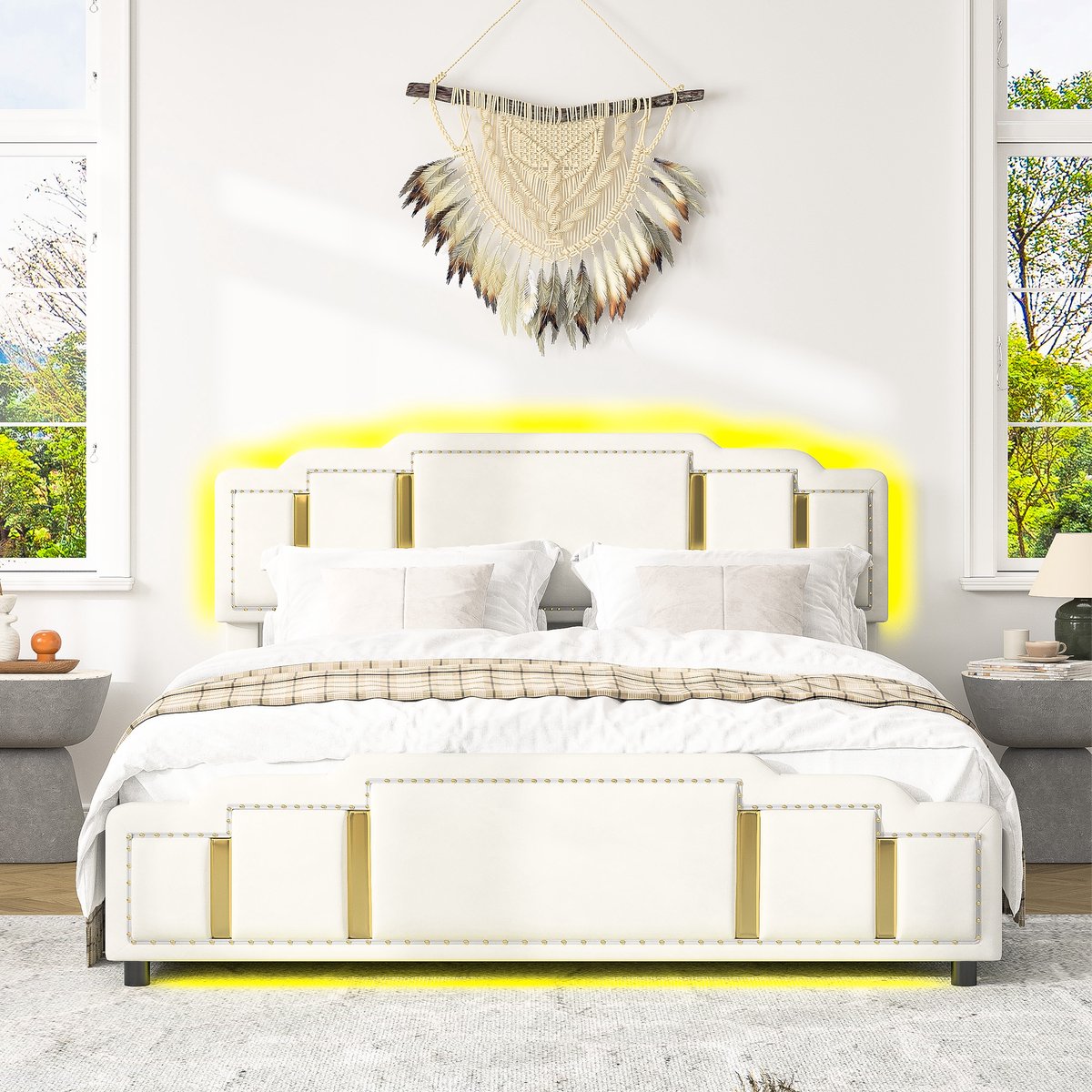OKWISH Gestoffeerd Bed 140x200 cm - Met Ledverlichting En Hydraulische Opbergruimte - Tweepersoonsbed - Fluweel - Beige - Zonder Matras Wit