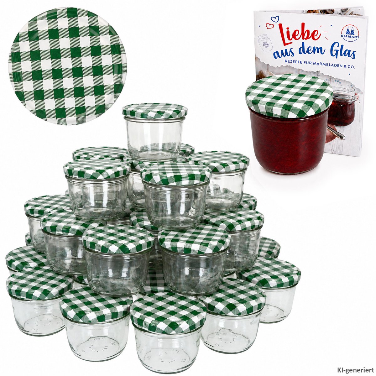 Set van 100 potten 230 ml jampot Inmaakpot Inmaakpot Naar 82 groen geblokt deksel incl. Diamant-Zucker Gelierzauber receptenboekje