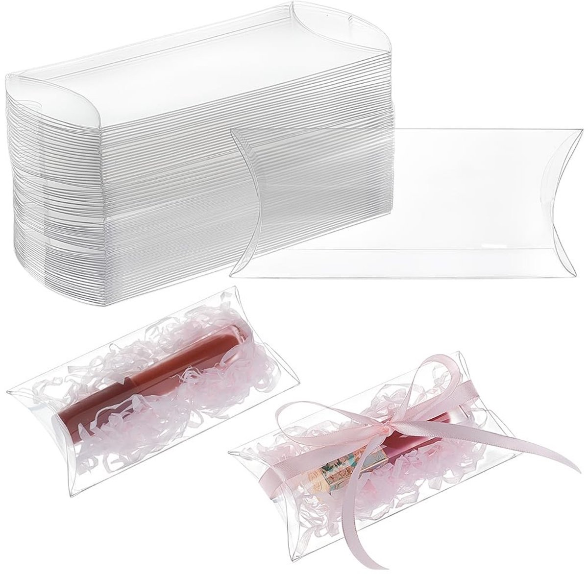 Dailygoods- Candy Doos 60 Stuks - Transparante Geschenkdose - PVC Kussendozen - Bruiloft/Cadeauverpakking - 11.5x6.4x2.4cm - Beschermfolie inbegrepen - Giftbox