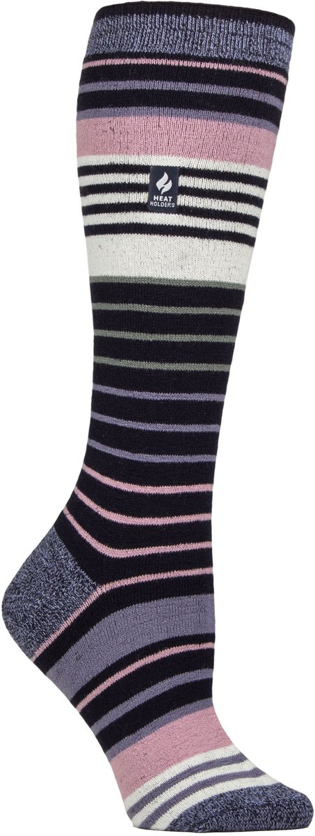 Dames Ultra Lite dunne thermische winterskisokken met strepen Marineblauw