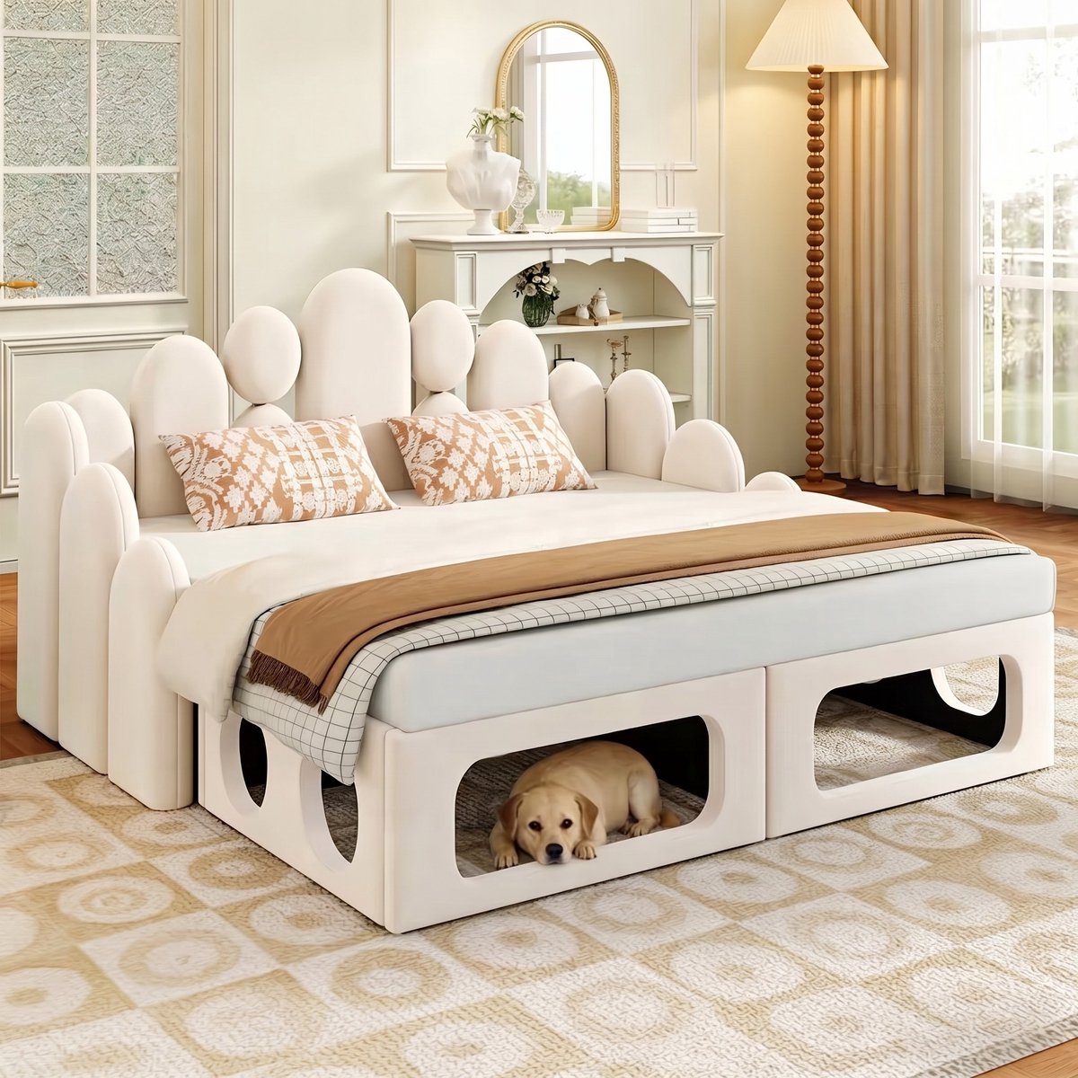 VVBV Slaapbank 2 Persoons 180x200 – Gestoffeerd Bed van Fluweel – met Lattenbodem – Beige – Multifunctioneel – Trap – Bedbank