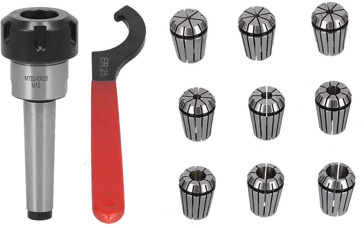 JHUBERS- Springklem Set - 9pcs ER25 Springklem - Morseconus Aansluitingsas - ER Sleutel - Veilig en Nauwkeurig - Eenvoudig te Gebruiken - Freespanning