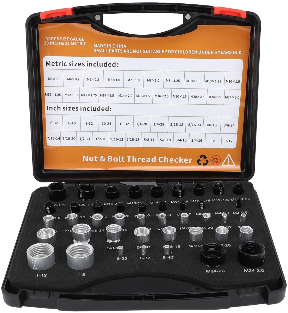 JHUBERS- Moeren Set 44-delig - Draadcontrole - Opbergdoos - Imperiale/Metrische Maten - Nauwkeurige Metingen - Draagbaar en Handig - Draadmeter