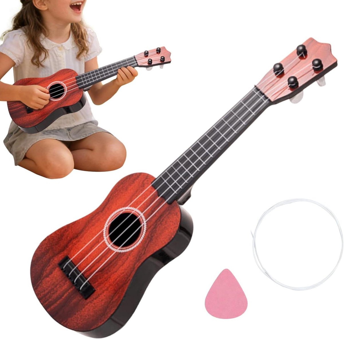 Kinder Ukelele - Muziekinstrument Kleuters - Muziek Leren Spelen - Vereenvoudigd Snaarontwerp - 43 cm - Rood Bruin
