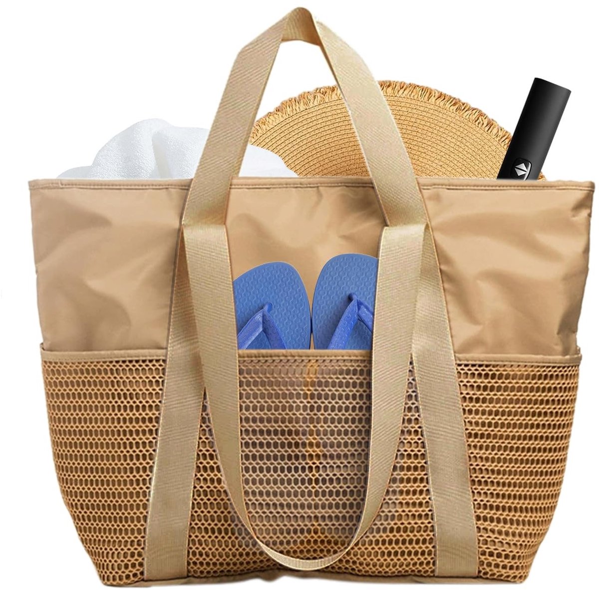 BRENZOOS- Strandtas XXL Waterdicht - Grote Strandtas met Ritssluiting - Rieten Strandtas - Zwemtas voor Dames - Strandtas met Netzakken - Afmetingen 52 x 36 x 16 cm - Beach Bag