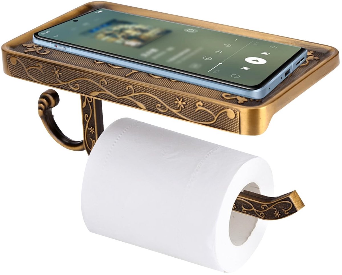 JHUBERS- Toiletrolhouder Antieke Vintage - Toiletrolhouder Met Plankje - Badkamer Accessoires - Roestvrij Staal - Toiletrolhouder Zonder Boren - Praktisch Ontwerp - Badkameraccessoire