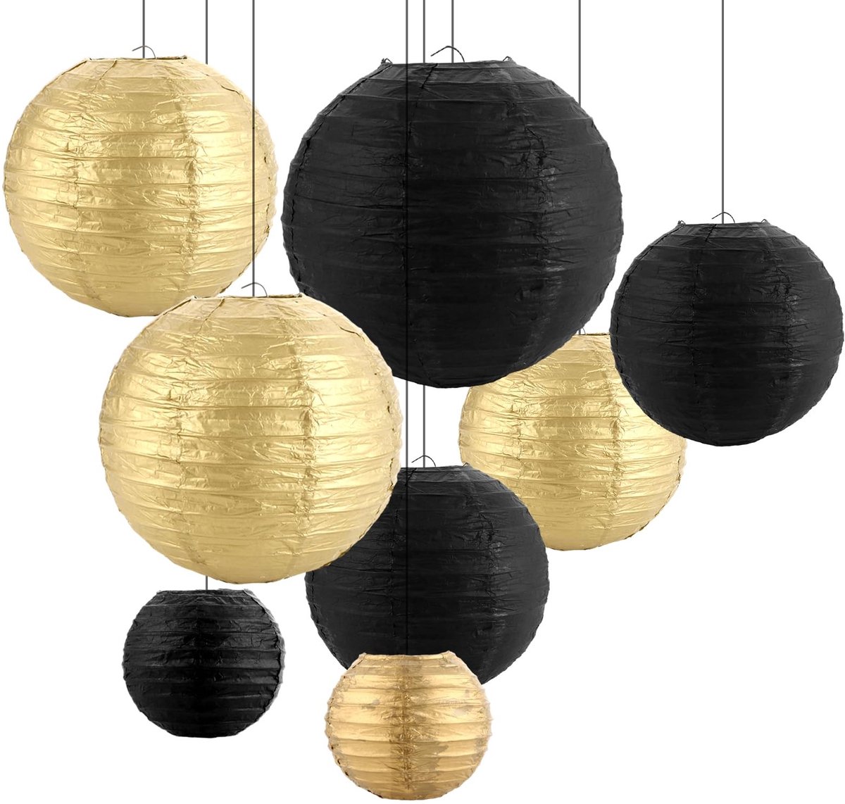 BRENZOOS- Papieren Lantaarns Set van 16 - Zwart/Goud - Decoratie voor Bruiloften - Feestverlichting - Rond - 10/15/20/25 cm - Van Rijstpapier - Decoratieve Lantaarns