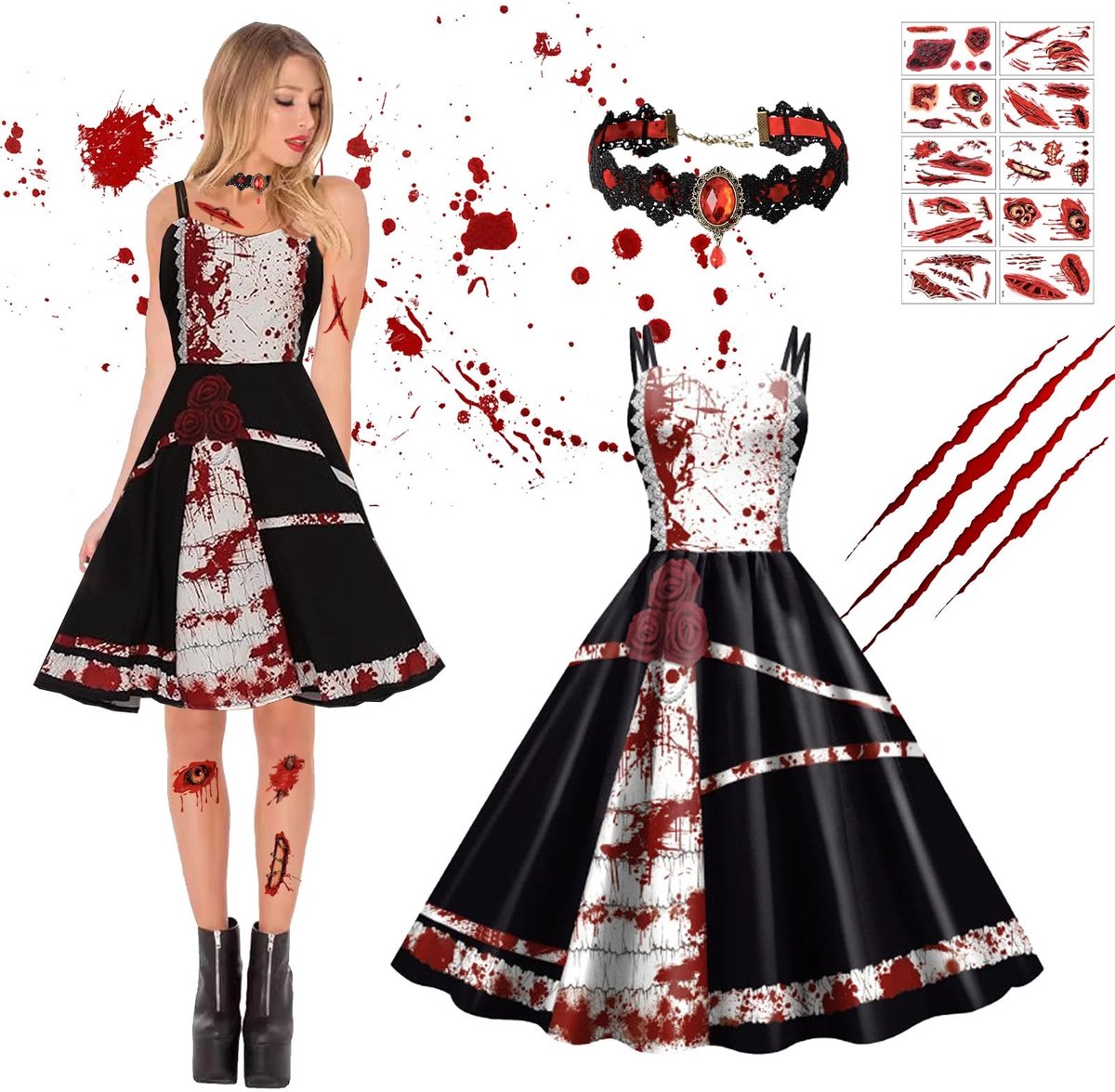 SMOAKEZ- Halloween-jurk met bloedige print - dames kostuum - verkleedkleren volwassenen - cosplay - middeleeuws kostuum - comfortabele pasvorm