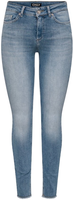 Blauwe skinny fit jeans met middelhoge taille en rafels aan de zoom.