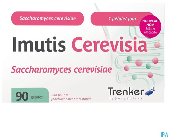 Doosje "Imutis Cerevisia" 90 capsules. Wit met roze cirkel "Nieuwe naam, zelfde effectiviteit".