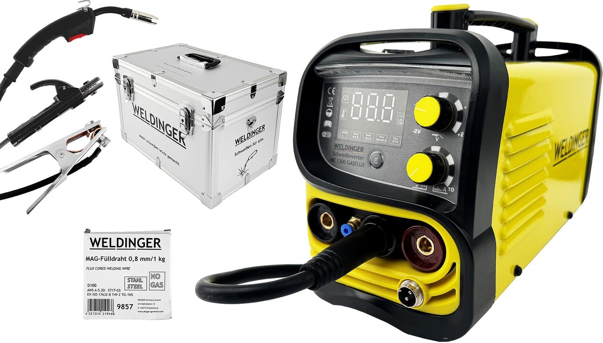 WELDINGER ME 1300 Gasflux vuldraadlasapparaat in koffer + 1 kg vuldraad + stroomsproeiers + vuldraad-gasmondstuk