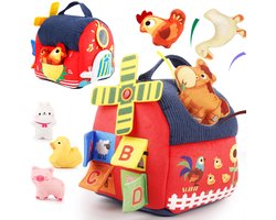 Baby Montessori sensorisch speelgoed - Boerderijset, met pluche boerderijdieren, rammelaars en knisperend speelgoed - Draagbaar leerzaam cadeau, geschikt voor baby