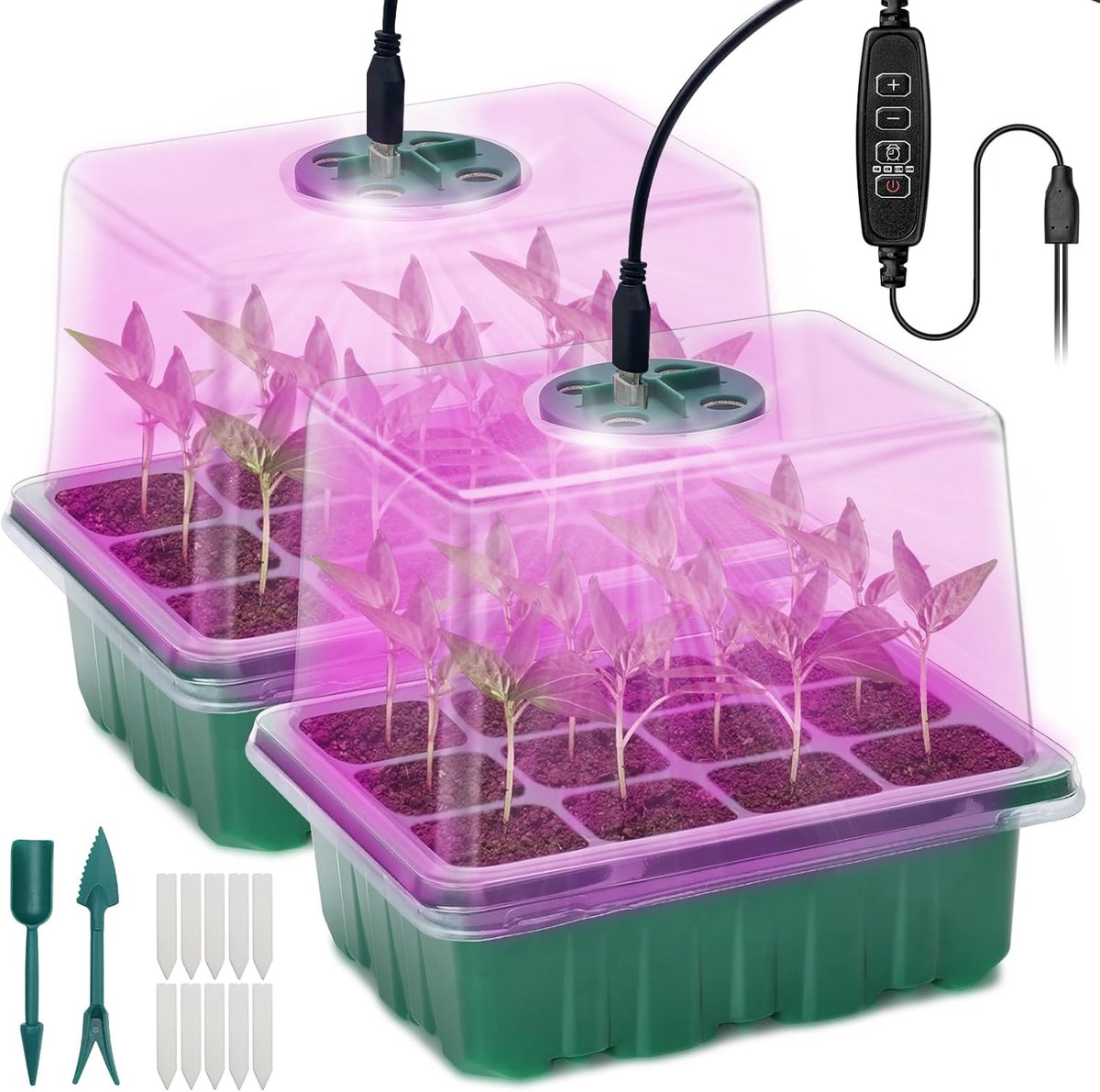 Kweekbak met LED Groeilamp – Set van 2 – Full Spectrum – Timer – 5 Lichtstanden – 12 Vakken