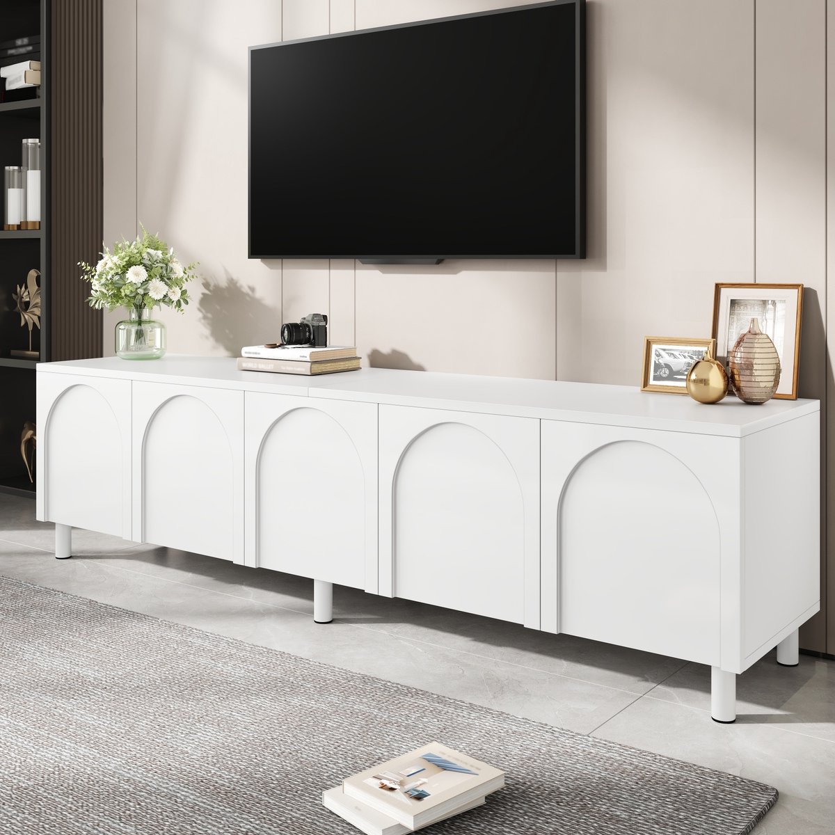 MIVRAY Tv Meubel - Lowboard Met 5 Deuren En Kabeldoorvoer - Voor Woonkamer En Opbergruimte - MDF - Wit - 180x38x45 Cm