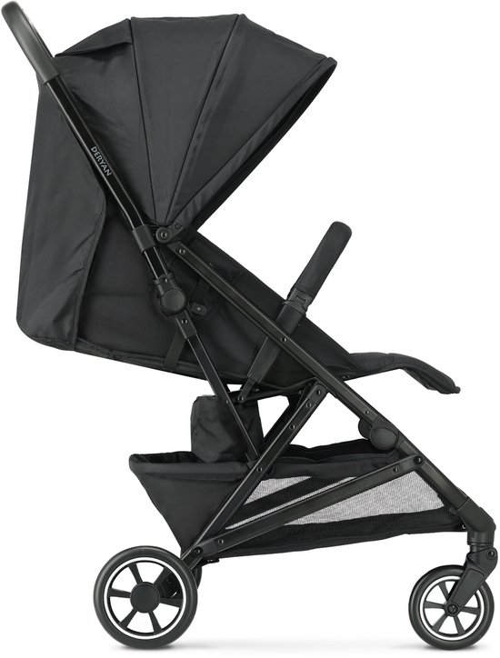 Zwarte Deryan buggy met kap, zitje en boodschappenmand, gezien vanaf de zijkant.