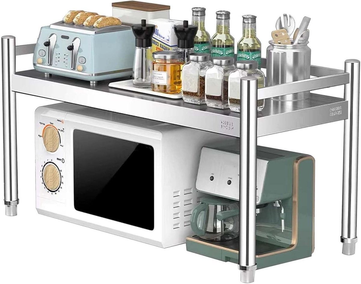 Keuken Magnetronrek - Aanrecht Organizer - Keuken Opbergen - Verstelbare Voeten - 70x45x50cm - Zilverkleurig