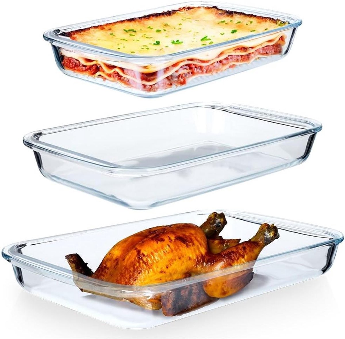 Glazen Ovenschaal - Ovenvorm Set - Gerechten Bakken - Hittebestendig Glas - 3 Delig 1.6-3L - Transparant