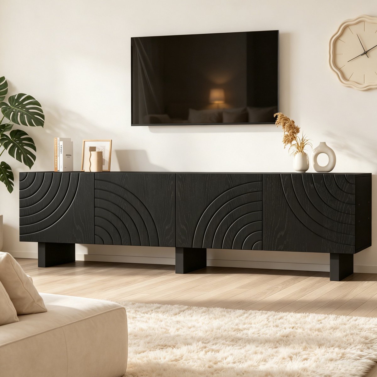 MODENUIT Tv-Meubel - Lowboard Met 4 Deuren En Opbergruimte - Voor Woonkamer - Spaanplaat - 180x40x55 Cm - Zwart