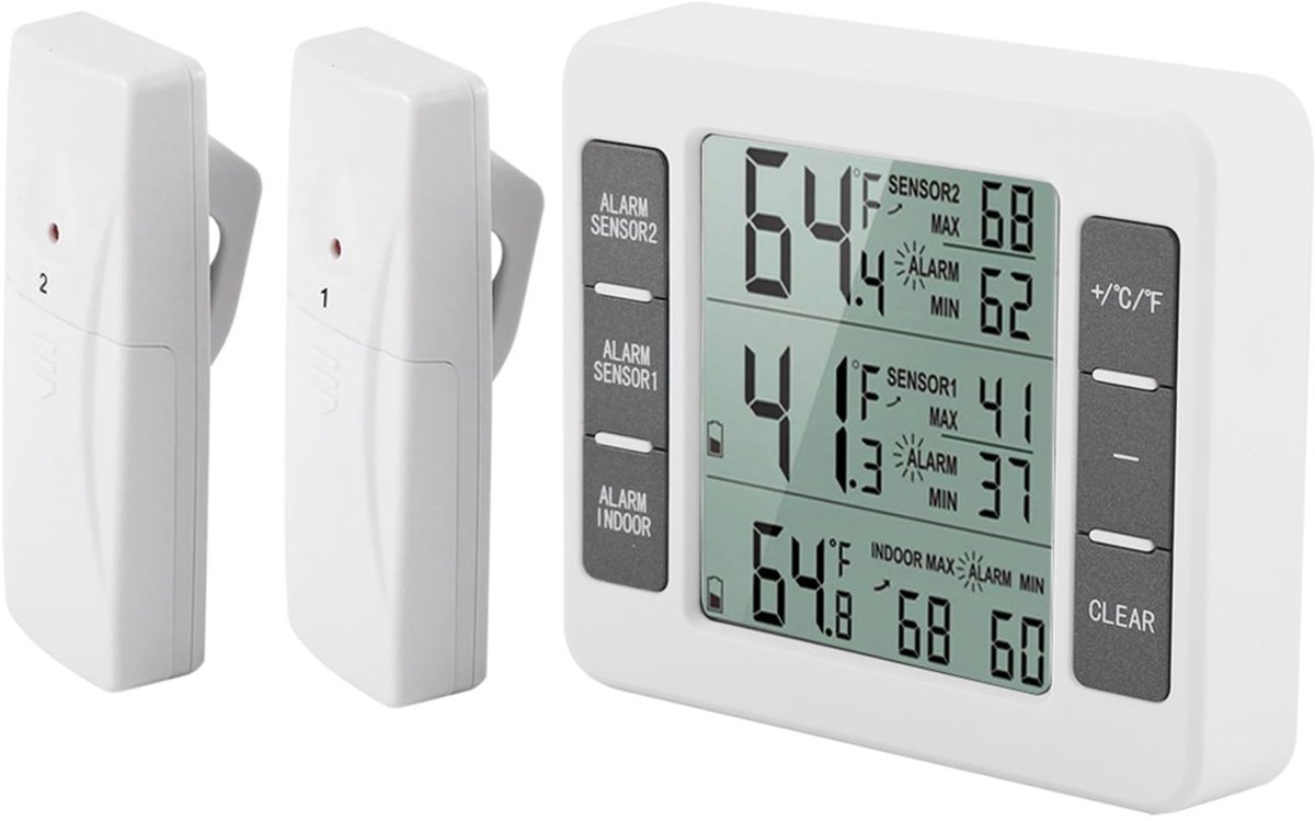 Dailygoods - Digitale koelthermometer - Draadloze thermometer met alarm - Geschikt voor koelkast en vriezer - Betrouwbare temperatuurmeting - Eenvoudi...