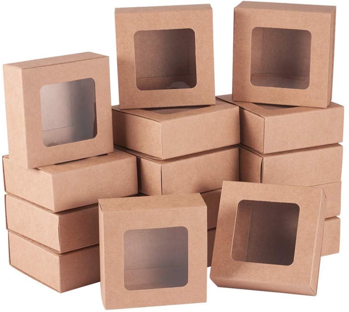Dailygoods- Kraftpapier Ladedozen 24 Stuks - Geschenkdozen met Venster - 6.5x6.5x3cm - Milieuvriendelijk - Sterk en Duurzaam - Perfect voor Bakkerij en Feesten - Cadeauverpakking