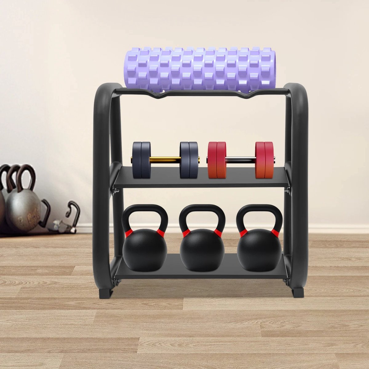 Dailygoods Halterschijfhouder, Halterschijfstandaard, T3 Staal, 2-laags opbergruimte, Kettlebell Organizer Plank, 100kg