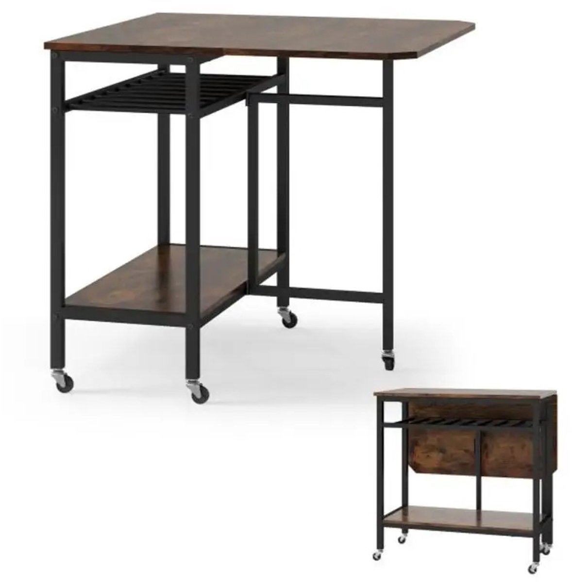 Dailygoods Opklapbare keukentafel, mobiele tafel met 5 wielen, open vak, metalen frame, ee