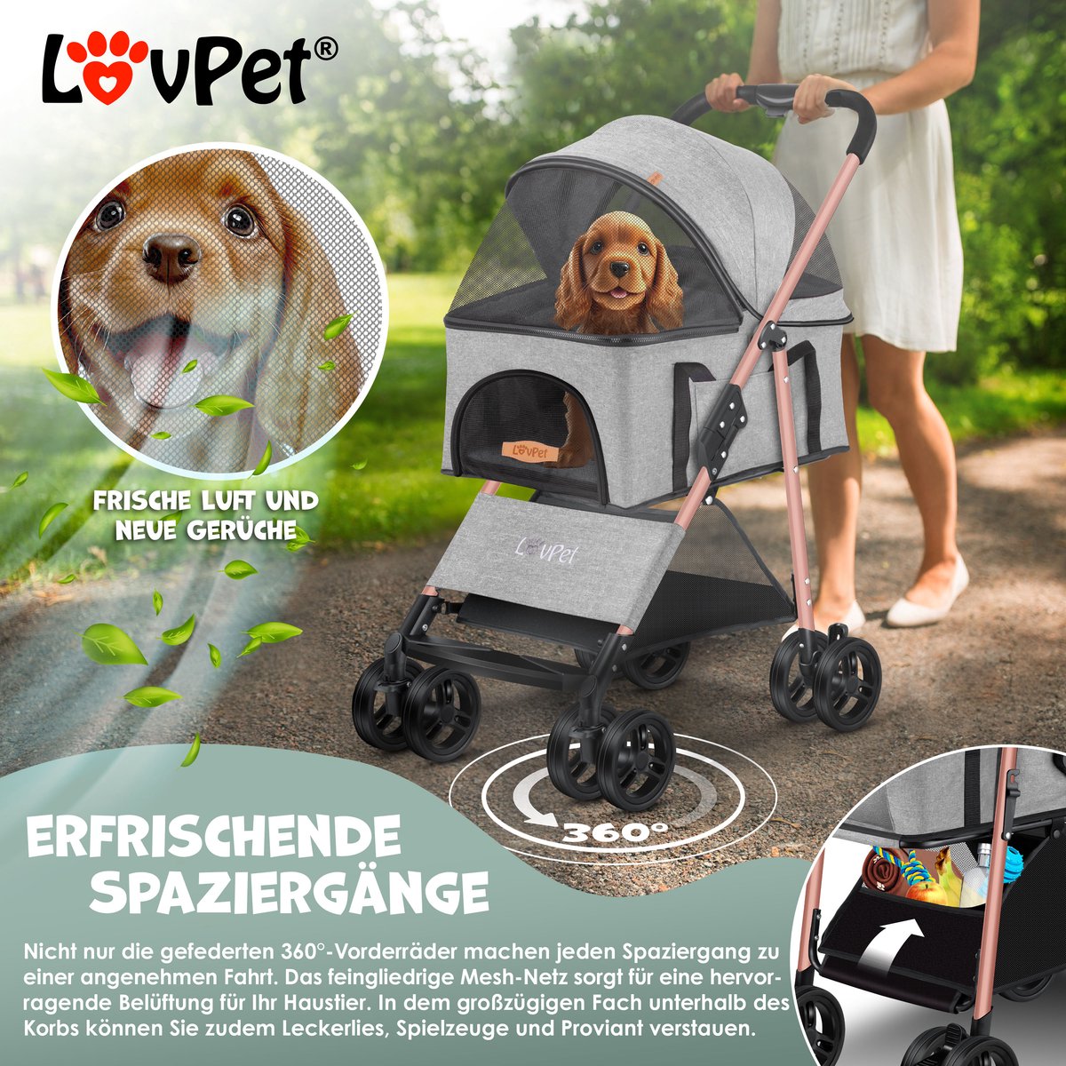 LOVPET® Hondenbuggy 2in1 Huisdieren Wandelwagen Buggy met Transporttas Opvouwbaar tot 20 kg Hondenwandelwagen met Gaasramen & Regenhoes Jogger Kattenbuggy voor Kleine Honden Katten Hondenbox - Lichtgrijs – foto 5