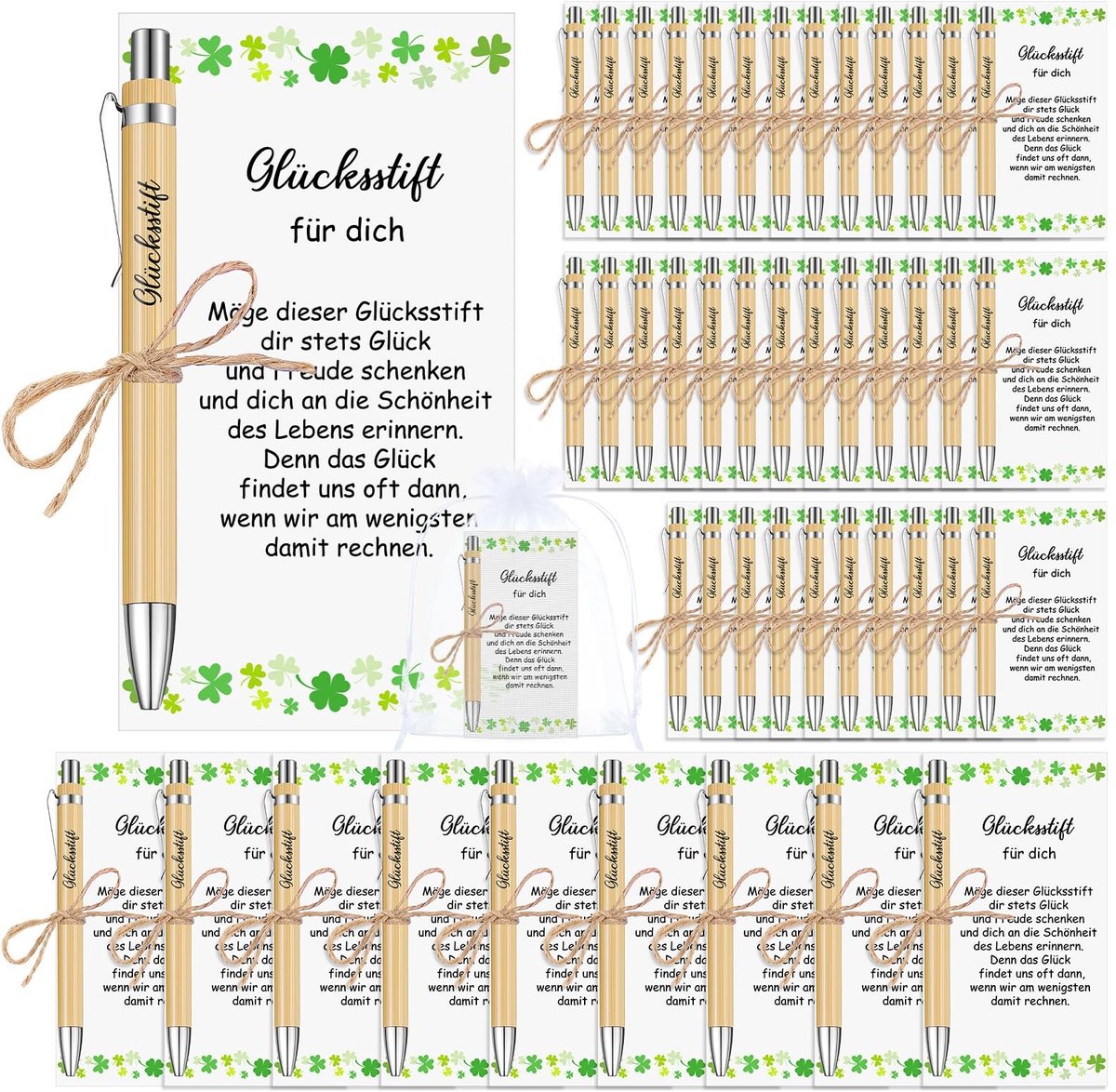 Dailygoods- Gelukscadeauset 45 stuks - Houten Balpennen met Gravure - Organza Zakjes - Inspirerende Kaarten - Uniek Ontwerp - Elegante Verpakking - Cadeauset