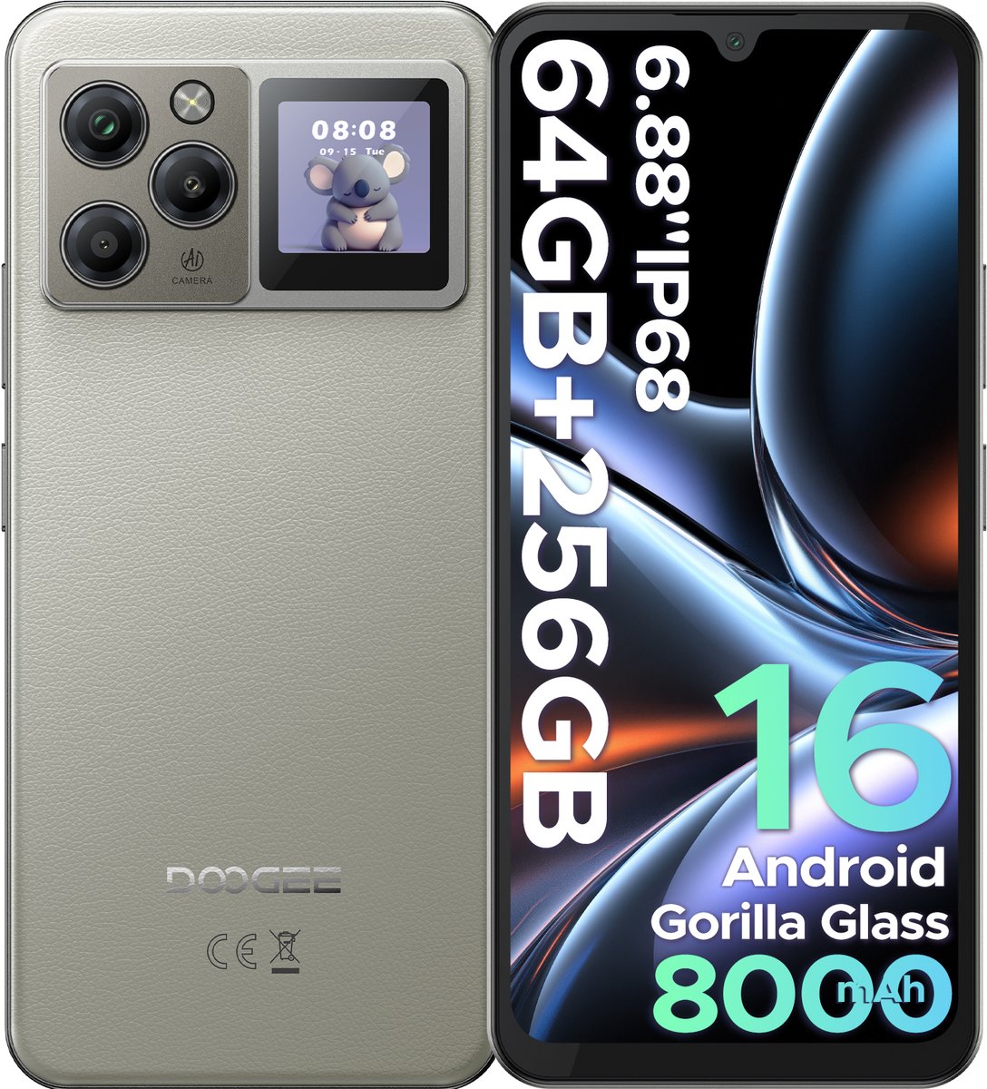 DOOGEE M30 Pro - Smartphone - 64 GB RAM (8+56GB) + 256GB ROM (2TB/TF) - 6,88 Inch HD + 120Hz - IP68 - Android 16 - 8000mAh/33W - 1,3" Subscreen - 64MP drievoudige camera - NFC - Vingerafdruk - Face ID - Grijs