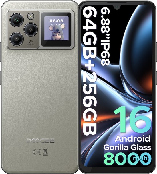 Grijze DOOGEE M30 Pro telefoon, met 64MP camera, 6.88" HD+ scherm, 256GB opslag en 8000mAh batterij.