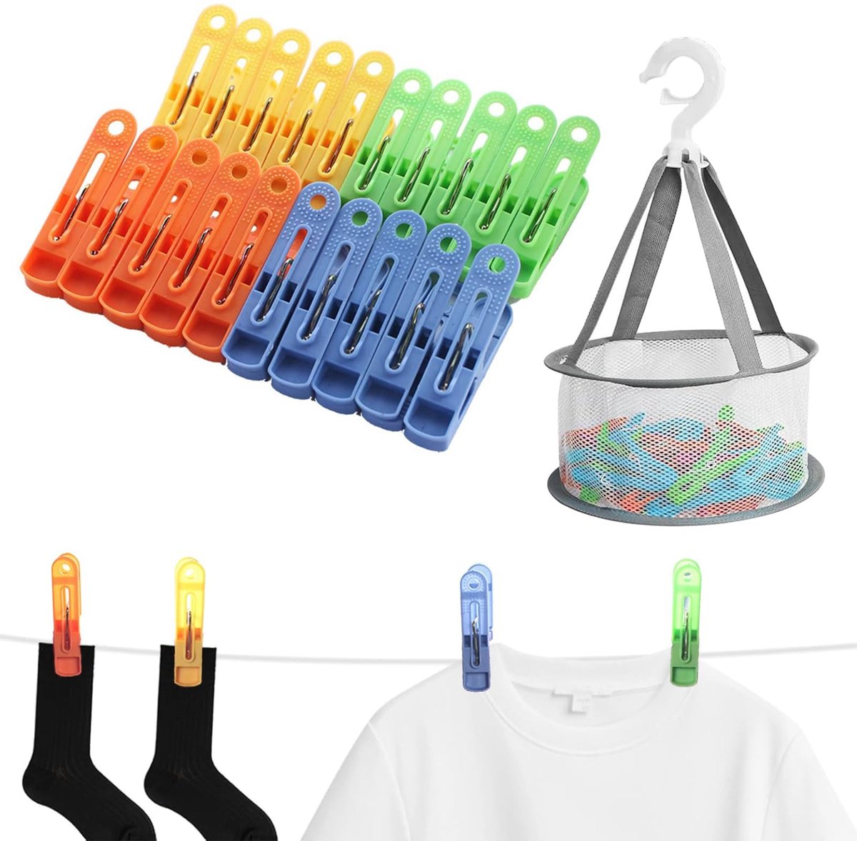 Dailygoods- Kledingklemmen 60 Stuks - Kledingklemmen met Mand - Antislip Klemmen - Waterdichte Klemmen - Roestvrij Staal - Ideaal voor Organiseren - Wasklemmen