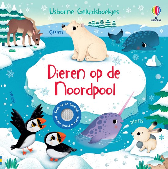 Couverture de livre illustrant des animaux de l'Arctique, notamment un ours polaire, un macareux moine, un narval et un lièvre.