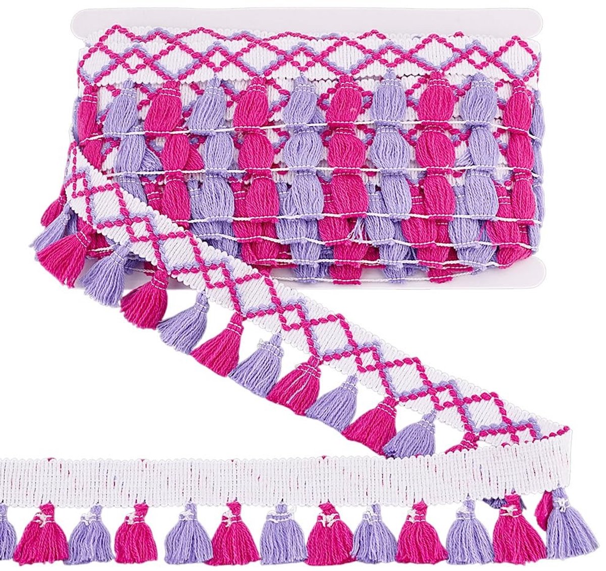 Dailygoods- Kwastfranjes 9,1 m × 50 mm - Kleurrijke Polyester Kwasten - Tweekleurige Gordijnrand - Decoratie voor Naaien/Knutselen - Magenta/Paars Design