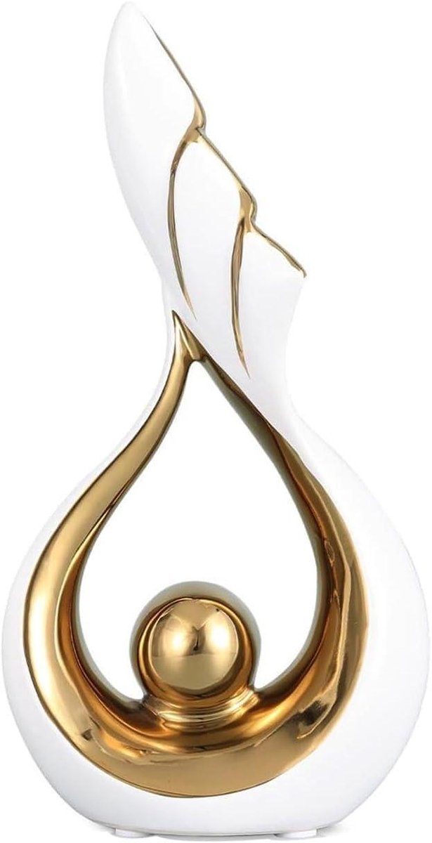 Keramiek Beeld - Abstracte Figuur - Huis Decoratie - Handgemaakt Ontwerp - 24x11x6cm - Wit Goud