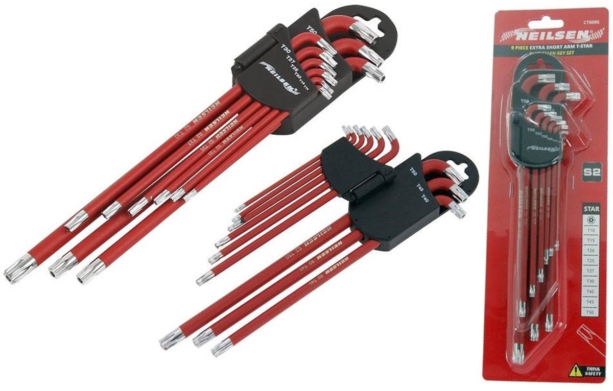Torx Stiftsleutelset T10-T50, korte arm, 9-delig