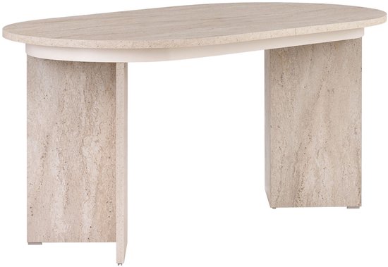 Ovale eettafel met beige travertijn blad op twee zuilen, zonder stoelen.