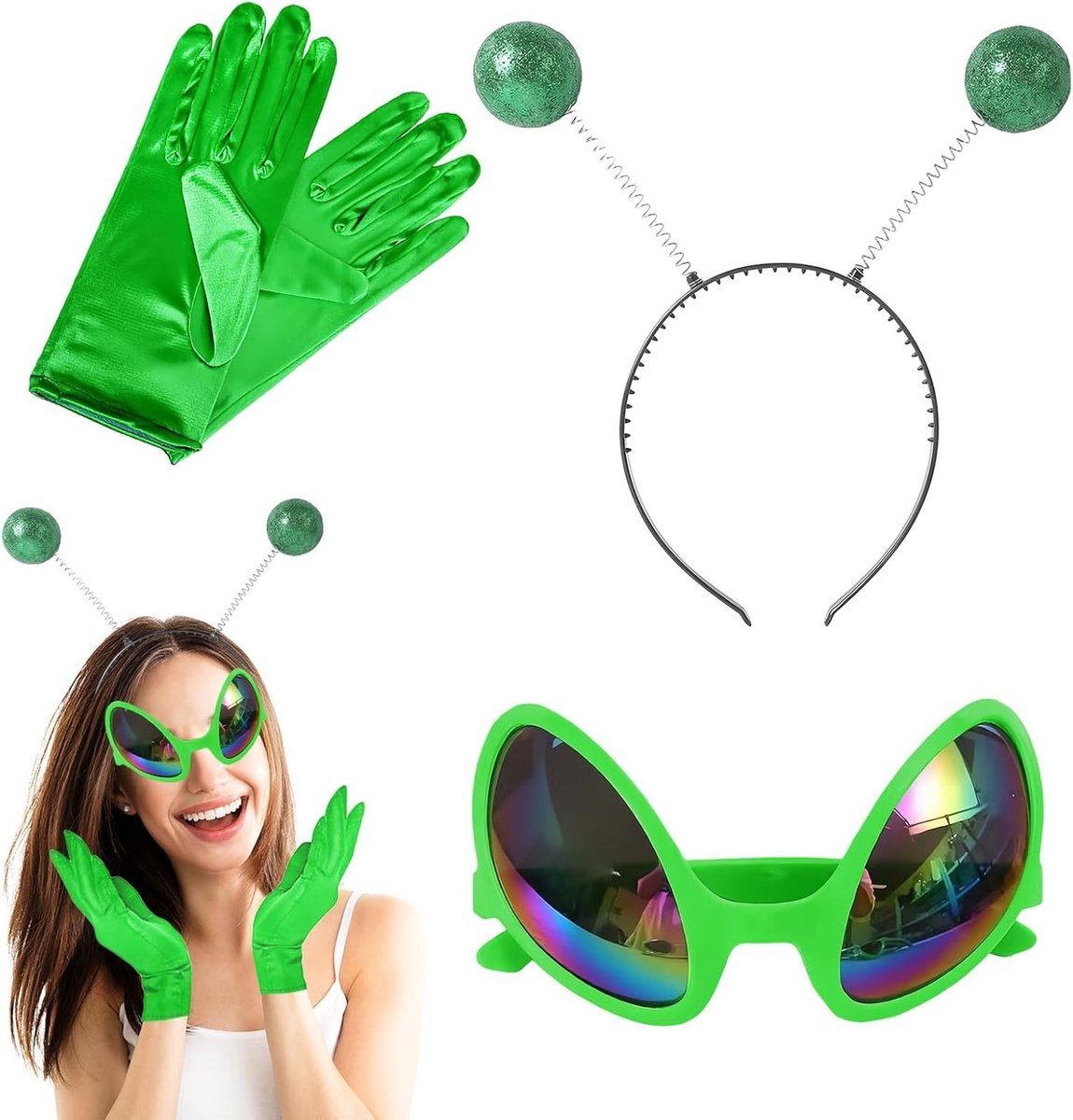 Drie-delig Alien Kostuum met Regenbooglenzen Zonnebril en Haarband voor Halloween en Feestjes