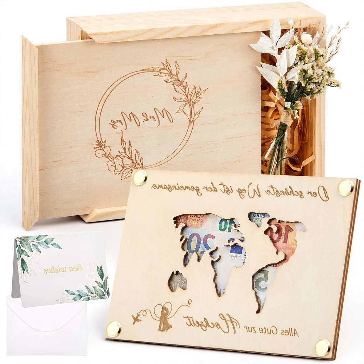 Set van 4 Houten Geldcadeaus voor Trouwen, Inclusief Geldcadeaubox, Houten Kaart met Wereldkaart, Drogen Bloemen, Perfecte Trouwen en Jubileum Cadeaus voor Stellen