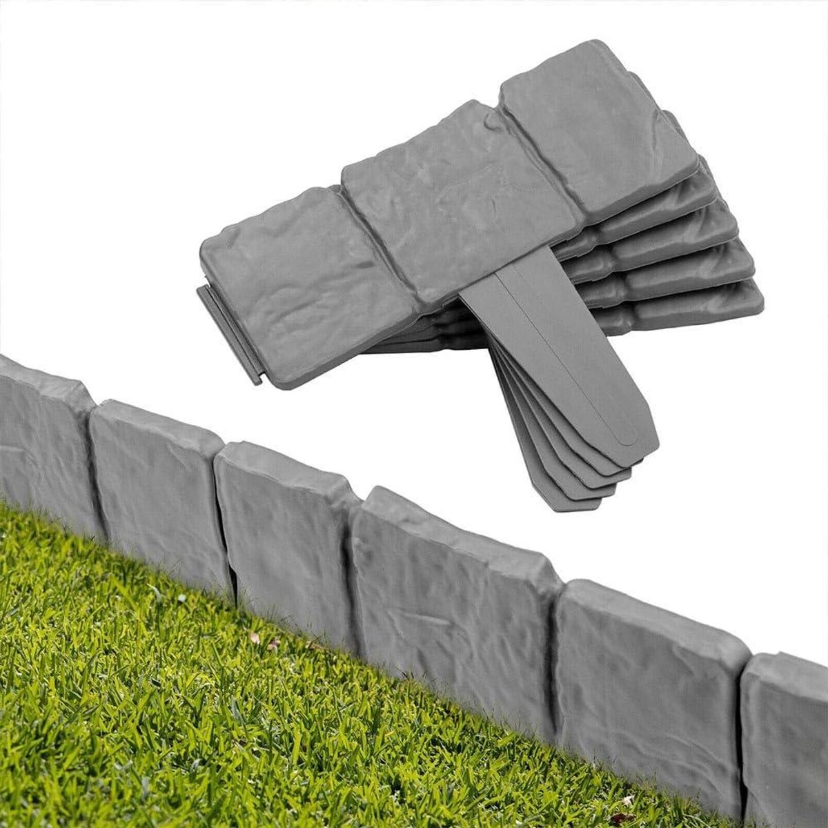 Tuinrand Stenen Effect - Bloembakrand Graskant - Tuinranden Maken - Flexibel Verstelbaar - 12 Meter - Grijs