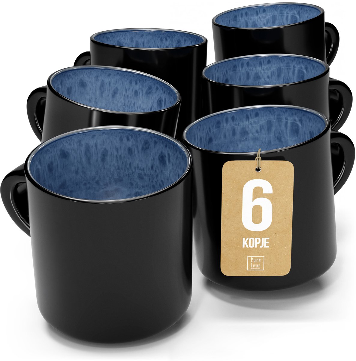 Pure Living Ibiza Dark Set Van 6 Koffiekopjes - 350ml - Diepblauw - Aardewerk - Vaatwasserbestendig - Magnetronbestendig