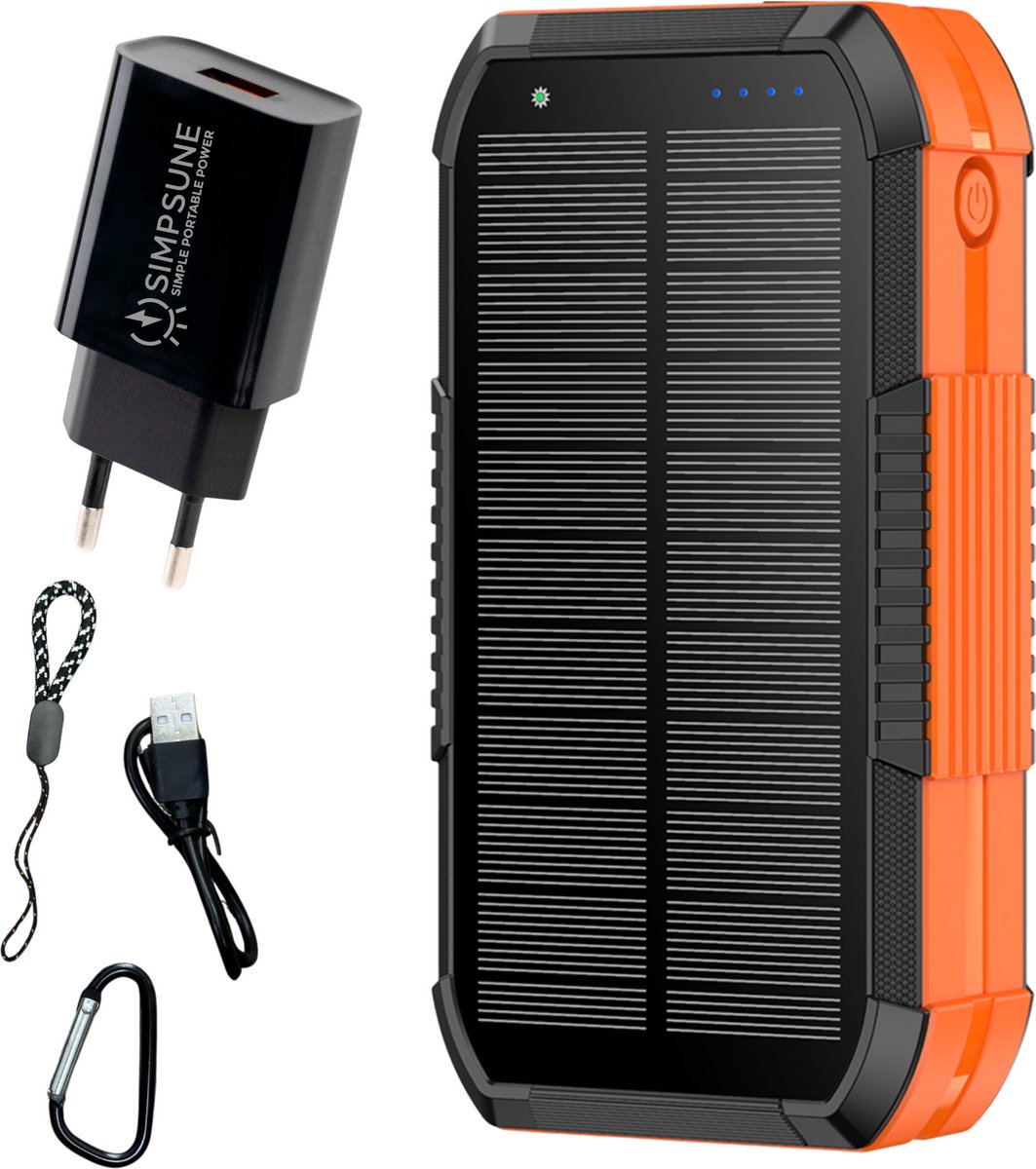 SimpSune – Solar Powerbank 51000mAh met HaNdDyNaMo + 18W Adapter – Powerbank op Zonne-energie – Snellader – Ingebouwde USB‑C Kabel – Wireless Charger 15W – PD 22.5W – 7 Outputs – Zaklamp – Noodpakket