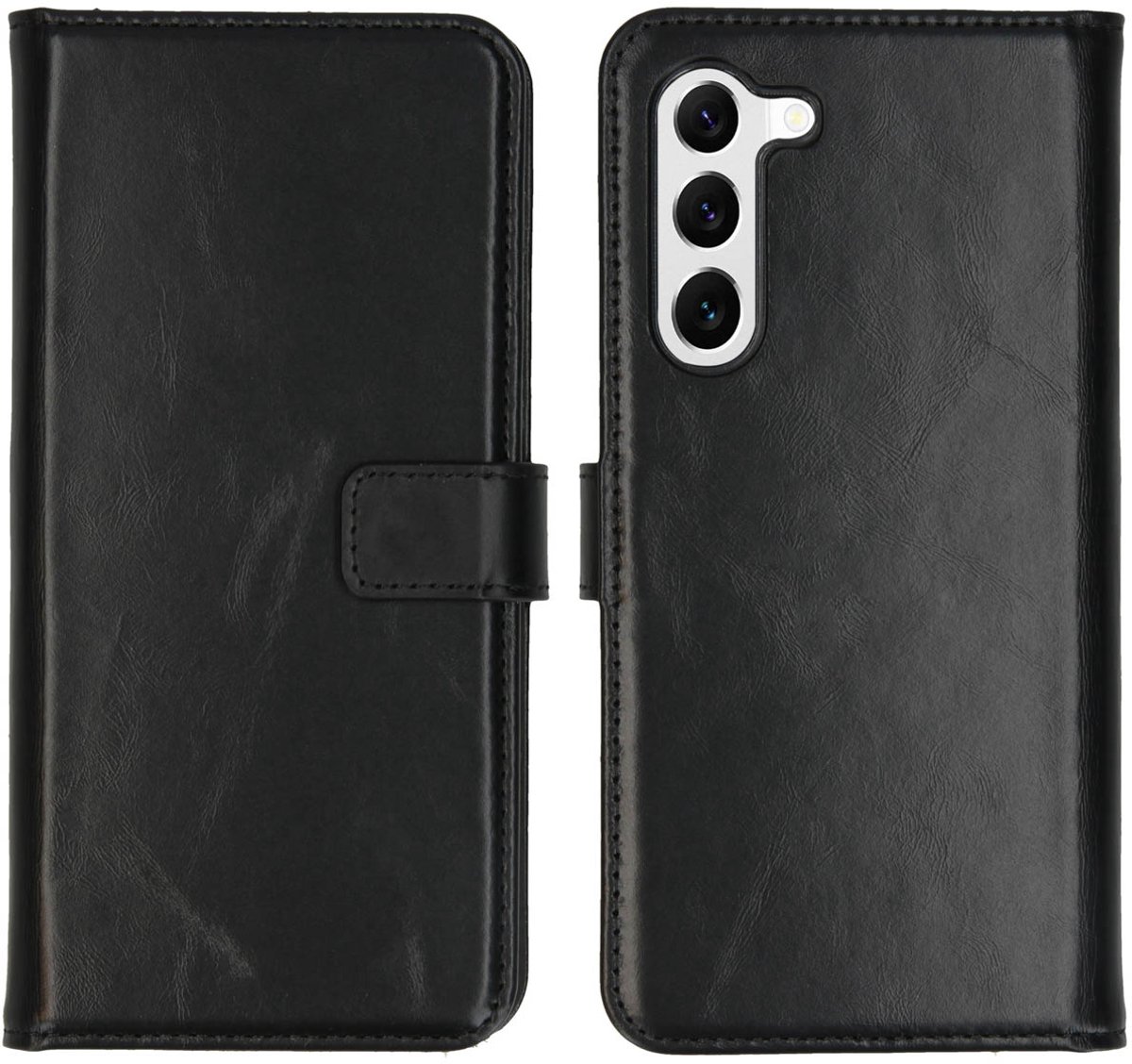 Selencia Hoesje - Geschikt voor Samsung Galaxy S23 - Echt Lederen Bookcase - Zwart