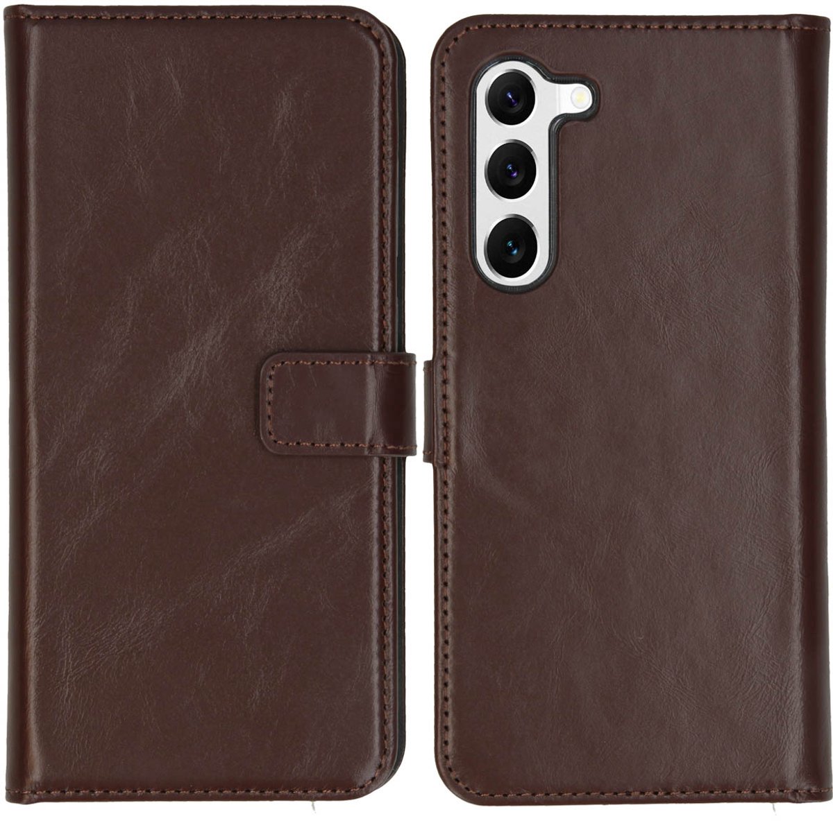 Selencia Hoesje - Geschikt voor Samsung Galaxy S23 - Echt Lederen Bookcase - Bruin
