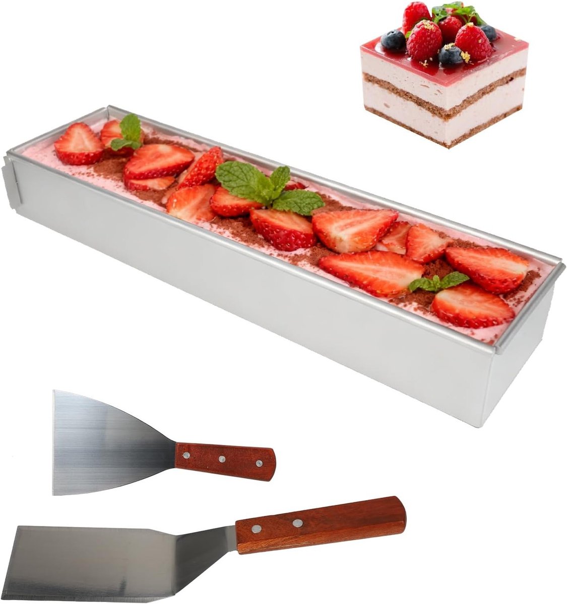 Rechthoekige Tiramisu Vorm 41 x 10 x 6 cm, Aluminium Bakvorm met 2 Spatels en Verwijderbare Zijkant, Perfect voor Taarten, Desserts en Brood bakken