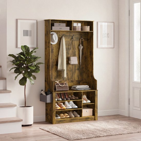 Bealife FS29 Halmeubel - Garderobekast met Kapstok en Schoenenkast - 1 zitbank, 4 haken en 9 opbergruimtes –183×90×30cm– Naturel