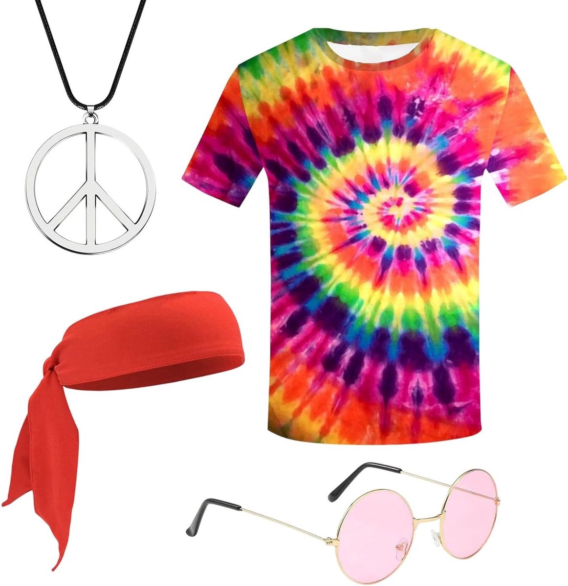 Hippie Kostuum voor Mannen met T-Shirt, Bril en Ketting voor Themafeesten en Carnaval - 4-delige Set in Multi-kleur