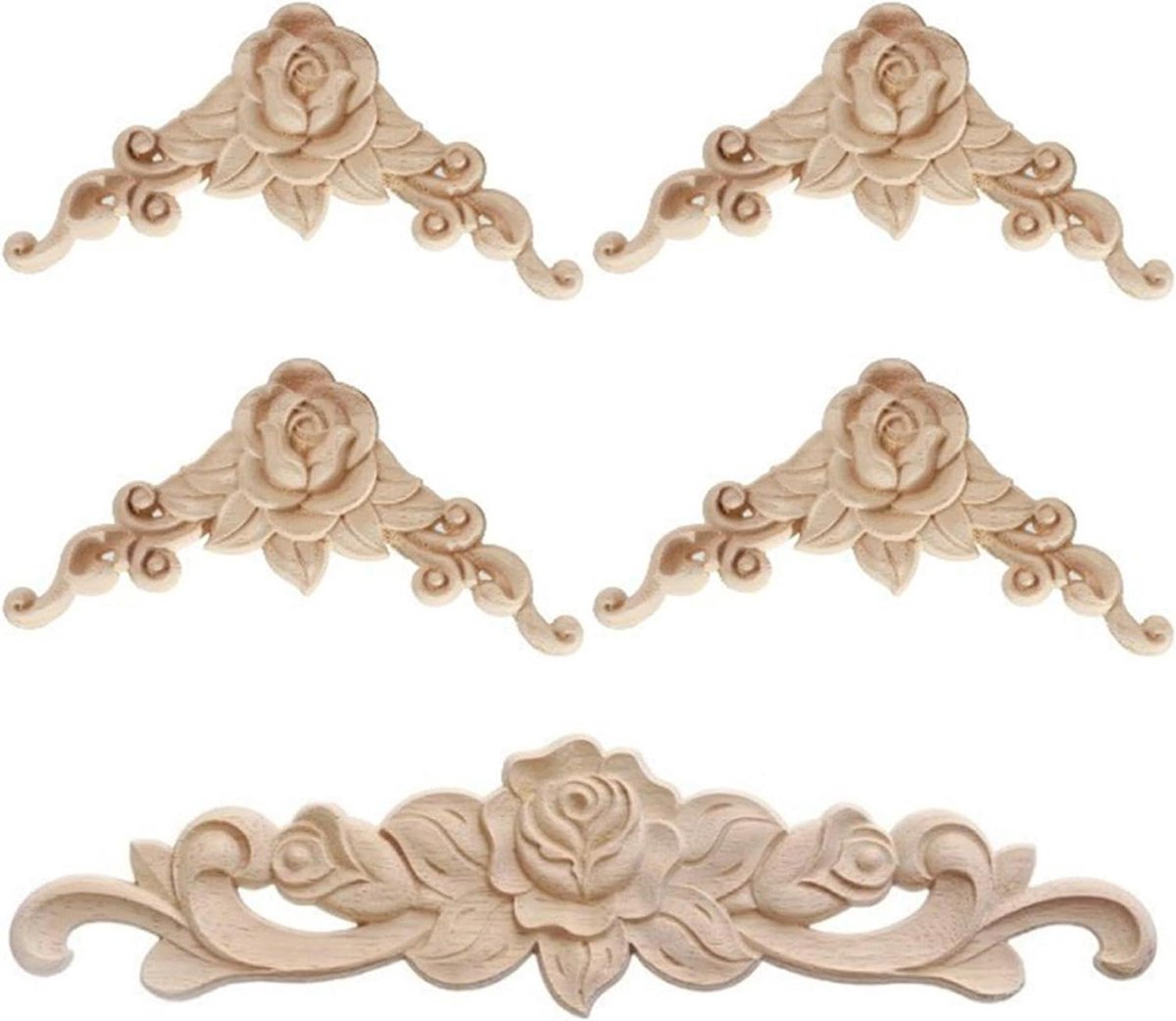 Houten Applicaties - Houtsnijwerk Ornamenten - Meubel Decoratie - Europese Stijl - 5 Stuks Set - Houtkleur