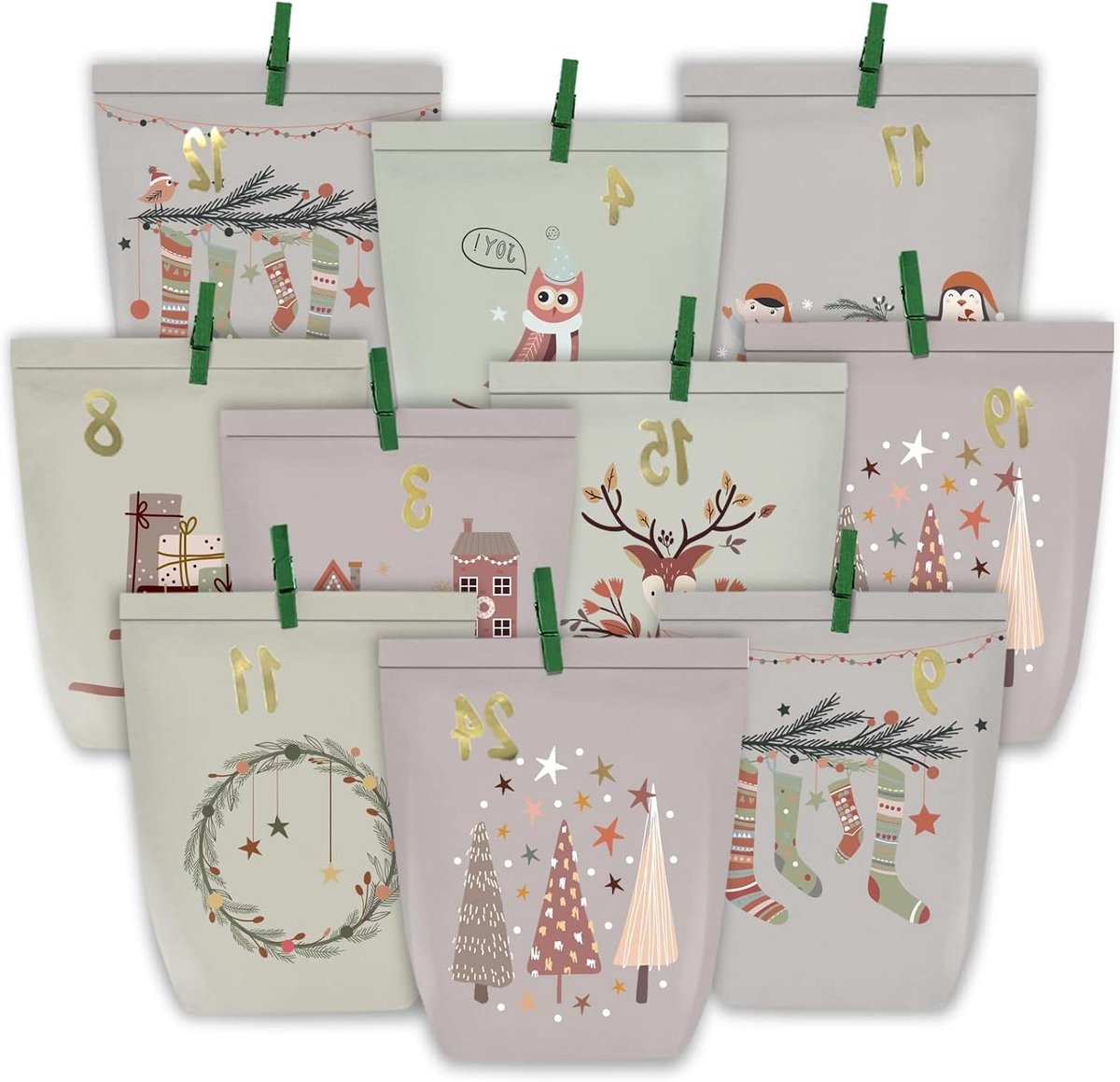 Kalender Vulling - Papieren Zakjes - Kerstmis Knutselen - Met Goudkleurige Nummers - 24 Stuks - Groen